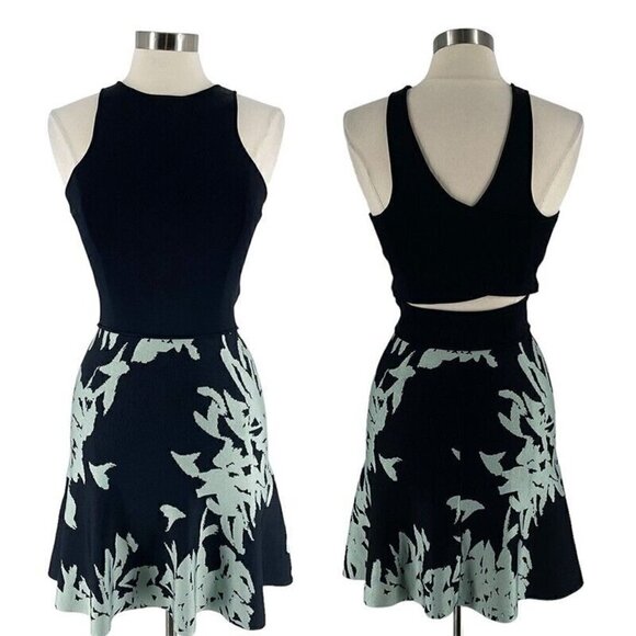 Issa London Sleeveless Cross Back Black Green Print Stretch Knit Mini Dress M - Picture 1 of 9